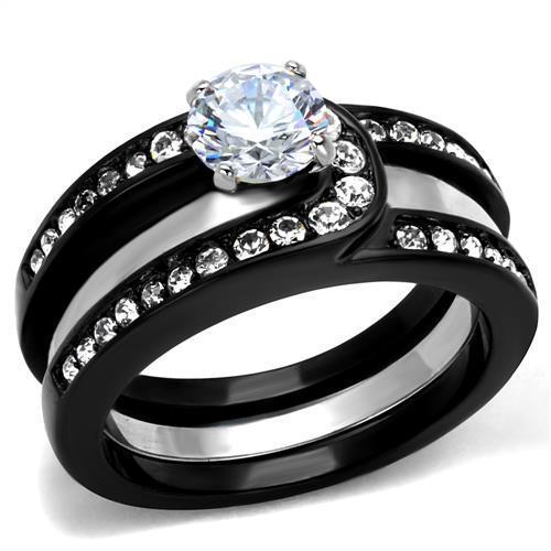 TK2303 - Two-Tone IP Black (Ion Plating) Stainless Steel Ring with AAA Grade CZ  in Clear - Joyeria Lady