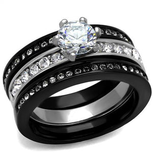 TK2304 - Two-Tone IP Black (Ion Plating) Stainless Steel Ring with AAA Grade CZ  in Clear - Joyeria Lady