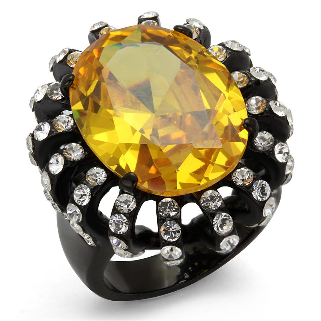 TK2346 - IP Black(Ion Plating) Stainless Steel Ring with AAA Grade CZ  in Topaz - Joyeria Lady