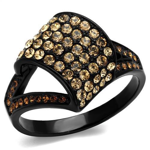 TK2351 - IP Black(Ion Plating) Stainless Steel Ring with Top Grade Crystal  in Smoked Quartz - Joyeria Lady