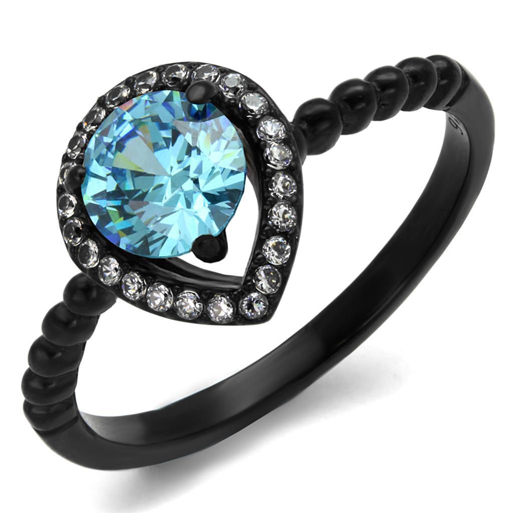 TK2364 - IP Black(Ion Plating) Stainless Steel Ring with AAA Grade CZ  in Sea Blue - Joyeria Lady