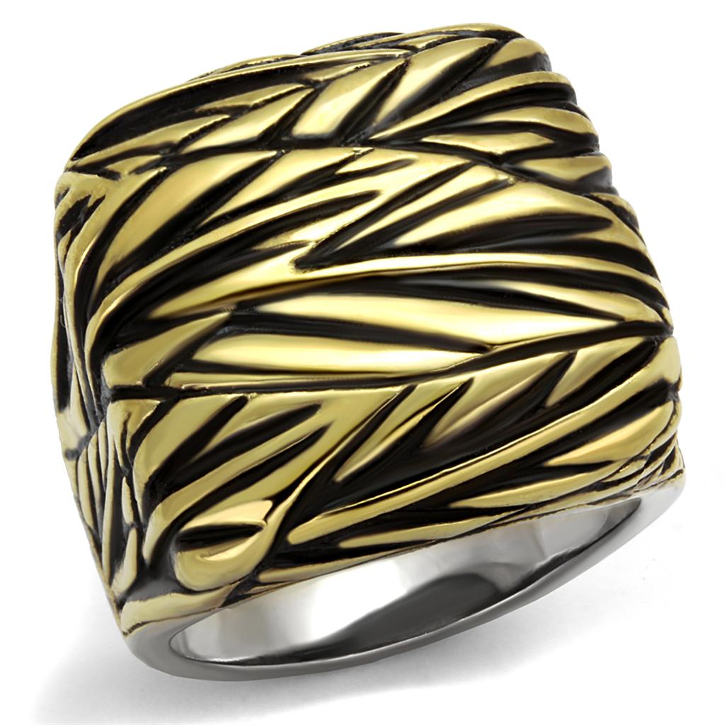TK2370 Two-Tone IP Gold (Ion Plating) Stainless Steel Ring with Epoxy in Jet - Joyeria Lady