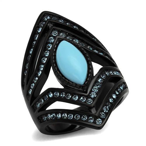 TK2482 - IP Black(Ion Plating) Stainless Steel Ring with Synthetic Turquoise in Sea Blue - Joyeria Lady