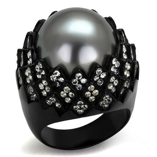 TK2483 - IP Black(Ion Plating) Stainless Steel Ring with Synthetic Pearl in Gray - Joyeria Lady