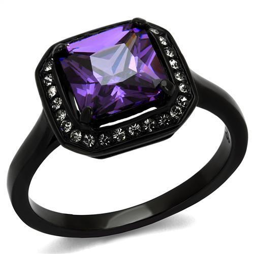 TK2487 - IP Black(Ion Plating) Stainless Steel Ring with AAA Grade CZ  in Amethyst - Joyeria Lady