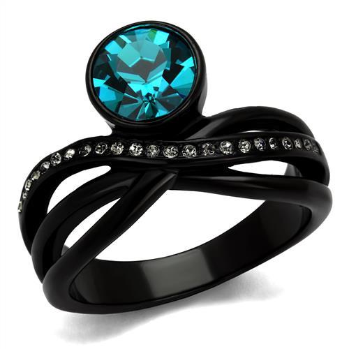 TK2488 - IP Black(Ion Plating) Stainless Steel Ring with Top Grade Crystal  in Blue Zircon - Joyeria Lady