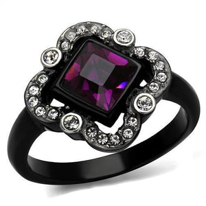 TK2489 - Two-Tone IP Black Stainless Steel Ring with Top Grade Crystal  in Fuchsia - Joyeria Lady
