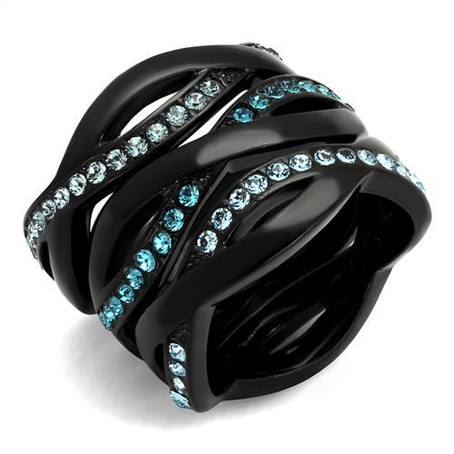 TK2492 - IP Black(Ion Plating) Stainless Steel Ring with Top Grade Crystal  in Sea Blue - Joyeria Lady
