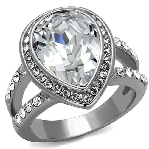TK2504 - High polished (no plating) Stainless Steel Ring with Top Grade Crystal  in Clear - Joyeria Lady