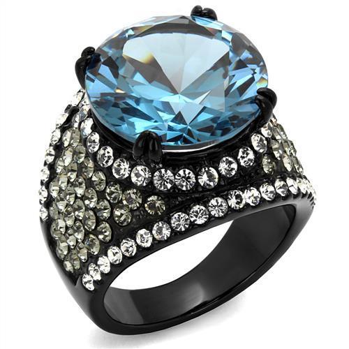 TK2555 - IP Black(Ion Plating) Stainless Steel Ring with AAA Grade CZ  in London Blue - Joyeria Lady