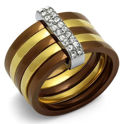 TK2601 - Three Tone IPï¼ˆIP Gold & IP Light coffee & High Polished) Stainless Steel Ring with Top Grade Crystal  in Clear - Joyeria Lady