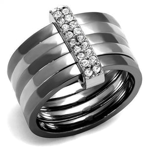 TK2602 - Two Tone IP Light Black (IP Gun) Stainless Steel Ring with Top Grade Crystal  in Clear - Joyeria Lady