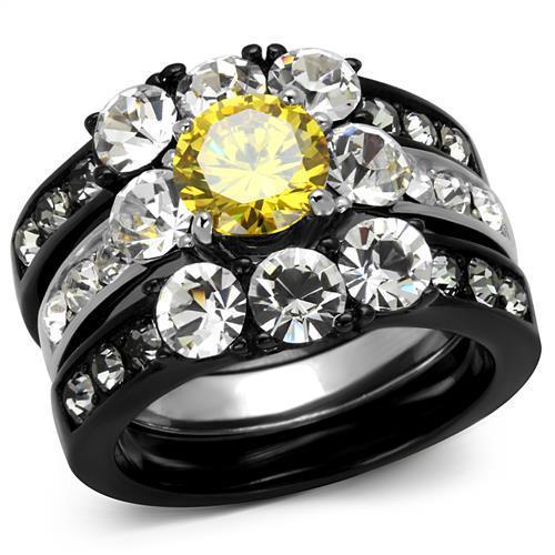 TK2615 - Two-Tone IP Black (Ion Plating) Stainless Steel Ring with AAA Grade CZ  in Topaz - Joyeria Lady