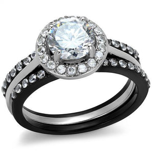 TK2620 - Two-Tone IP Black (Ion Plating) Stainless Steel Ring with AAA Grade CZ  in Clear - Joyeria Lady