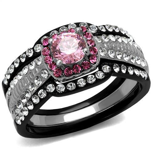 TK2651 - Two-Tone IP Black (Ion Plating) Stainless Steel Ring with AAA Grade CZ  in Light Rose - Joyeria Lady