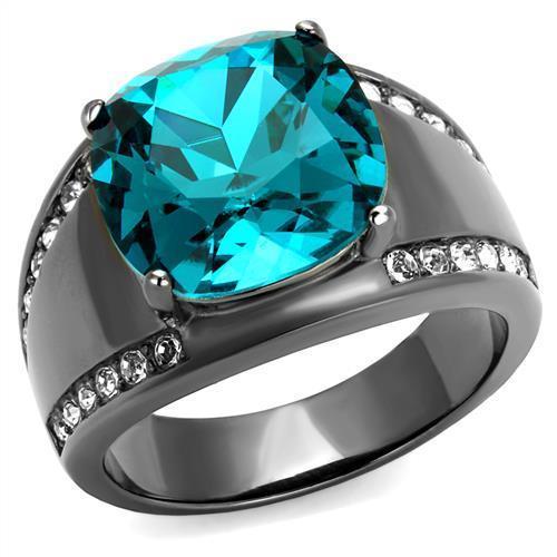 TK2678 - IP Light Black  (IP Gun) Stainless Steel Ring with Top Grade Crystal  in Blue Zircon - Joyeria Lady