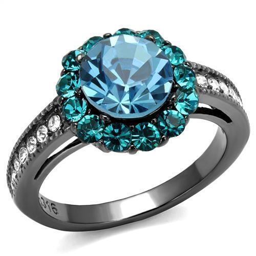 TK2716 - IP Light Black  (IP Gun) Stainless Steel Ring with Top Grade Crystal  in Sea Blue - Joyeria Lady