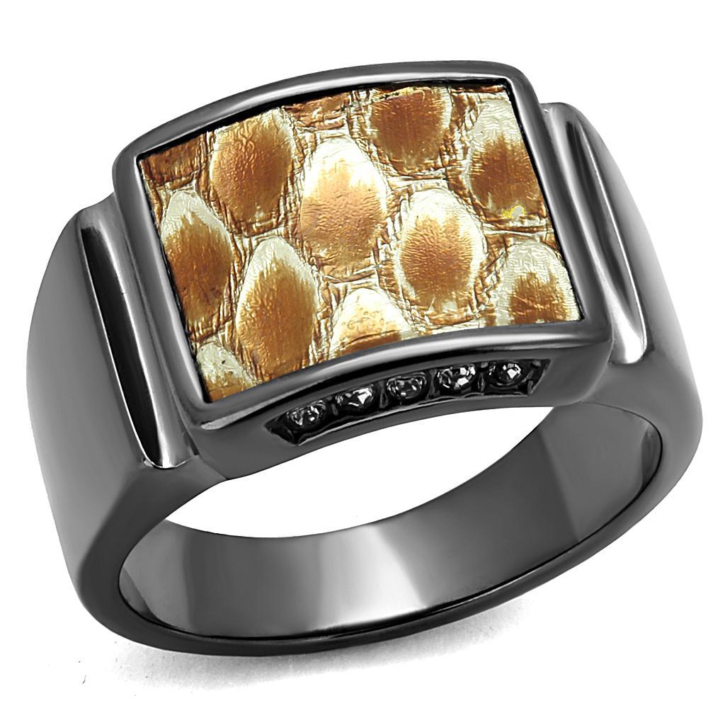 TK2738 - IP Light Black  (IP Gun) Stainless Steel Ring with Leather  in Brown - Joyeria Lady