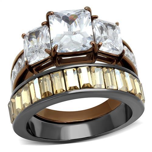 TK2747 - IP Light Black & IP Light coffee Stainless Steel Ring with AAA Grade CZ  in Clear - Joyeria Lady