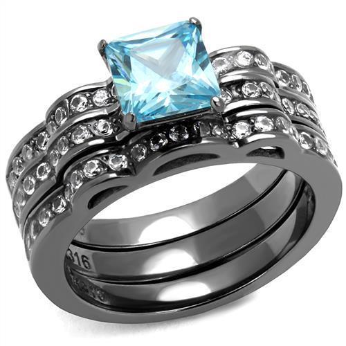 TK2748 - IP Light Black  (IP Gun) Stainless Steel Ring with AAA Grade CZ  in Sea Blue - Joyeria Lady