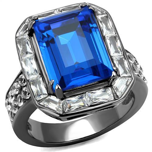 TK2758 - IP Light Black  (IP Gun) Stainless Steel Ring with Top Grade Crystal  in Capri Blue - Joyeria Lady