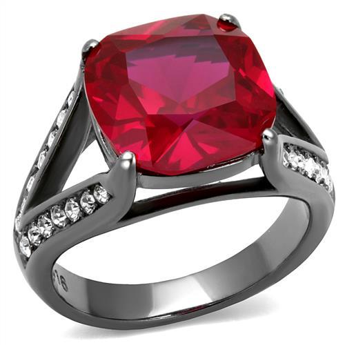 TK2760 - IP Light Black  (IP Gun) Stainless Steel Ring with Synthetic Corundum in Ruby - Joyeria Lady