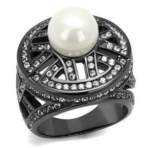 TK2771 - IP Light Black  (IP Gun) Stainless Steel Ring with Synthetic Pearl in White - Joyeria Lady
