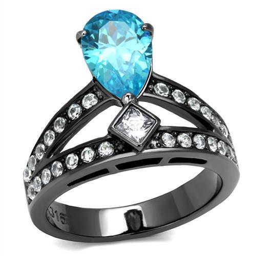 TK2775 - IP Light Black  (IP Gun) Stainless Steel Ring with AAA Grade CZ  in Sea Blue - Joyeria Lady
