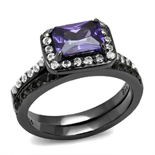 TK2778 - IP Light Black  (IP Gun) Stainless Steel Ring with AAA Grade CZ  in Tanzanite - Joyeria Lady
