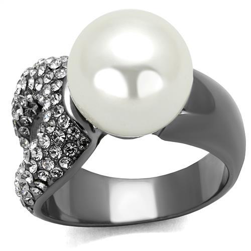 TK2800 - IP Light Black  (IP Gun) Stainless Steel Ring with Synthetic Pearl in White - Joyeria Lady