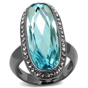 TK2804 - IP Light Black  (IP Gun) Stainless Steel Ring with Top Grade Crystal  in Sea Blue - Joyeria Lady