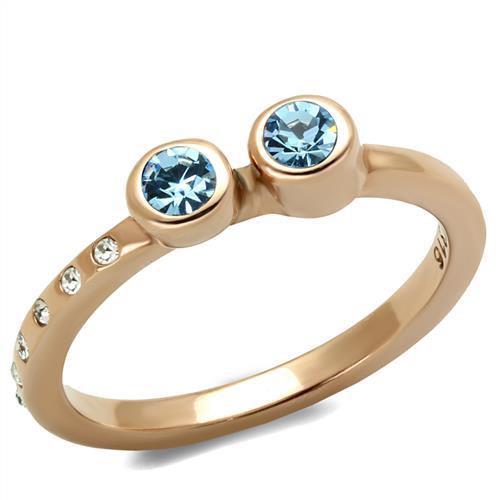 TK2807 - IP Rose Gold(Ion Plating) Stainless Steel Ring with Top Grade Crystal  in Sea Blue - Joyeria Lady