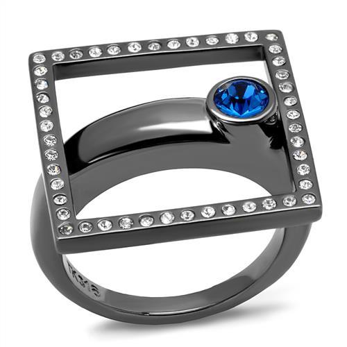 TK2808 - IP Light Black  (IP Gun) Stainless Steel Ring with Top Grade Crystal  in Capri Blue - Joyeria Lady