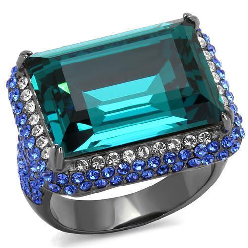 TK2811 - IP Light Black  (IP Gun) Stainless Steel Ring with Top Grade Crystal  in Blue Zircon - Joyeria Lady