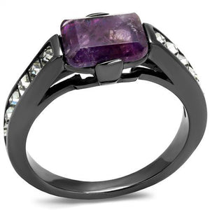 TK2832 - IP Light Black  (IP Gun) Stainless Steel Ring with Precious Stone Amethyst Crystal in Amethyst - Joyeria Lady