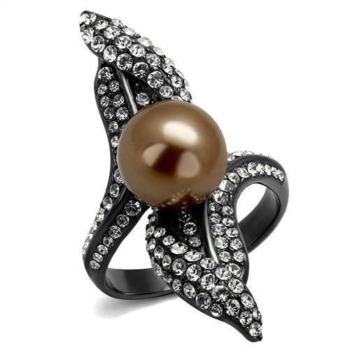 TK2834 - IP Light Black  (IP Gun) Stainless Steel Ring with Synthetic Pearl in Brown - Joyeria Lady