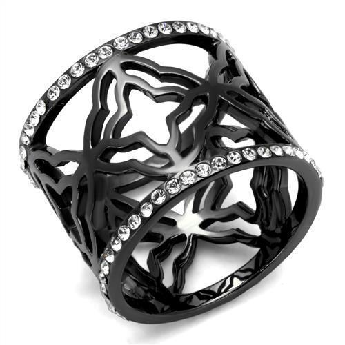 TK2909 - IP Light Black  (IP Gun) Stainless Steel Ring with Top Grade Crystal  in Clear - Joyeria Lady