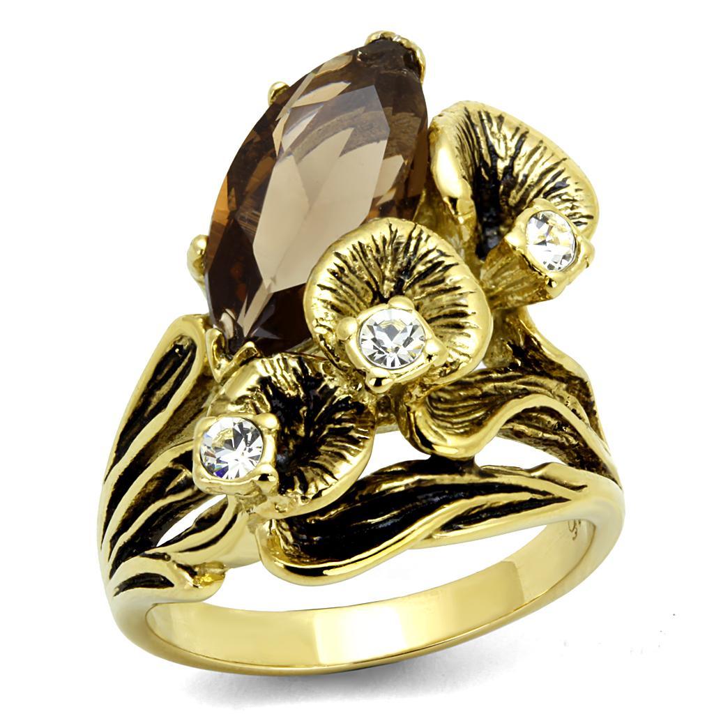 TK2914 - IP Gold(Ion Plating) Stainless Steel Ring with Synthetic Synthetic Glass in Brown - Joyeria Lady