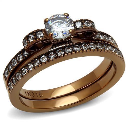 TK2955 - IP Coffee light Stainless Steel Ring with AAA Grade CZ  in Clear - Joyeria Lady