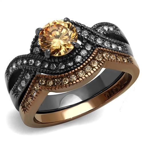 TK2957 - IP Light Black & IP Light coffee Stainless Steel Ring with AAA Grade CZ  in Champagne - Joyeria Lady