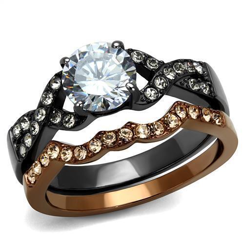 TK2958 - IP Light Black & IP Light coffee Stainless Steel Ring with AAA Grade CZ  in Clear - Joyeria Lady