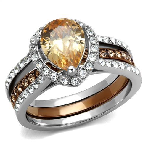 TK2961 - Two Tone IP Light Brown (IP Light coffee) Stainless Steel Ring with AAA Grade CZ  in Champagne - Joyeria Lady