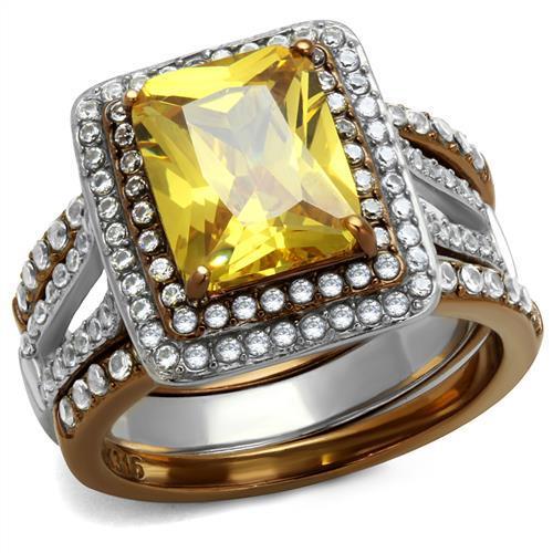 TK2962 - Two Tone IP Light Brown (IP Light coffee) Stainless Steel Ring with AAA Grade CZ  in Topaz - Joyeria Lady