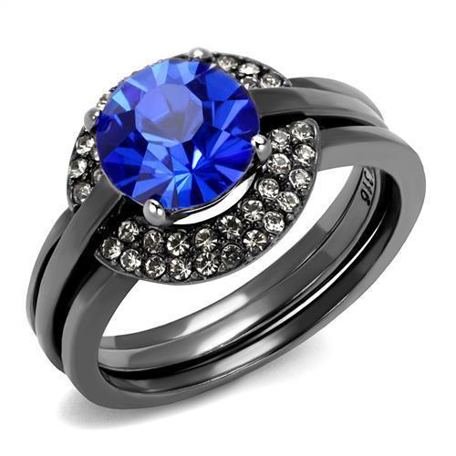 TK2969 - IP Light Black  (IP Gun) Stainless Steel Ring with Top Grade Crystal  in Sapphire - Joyeria Lady