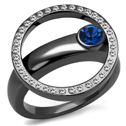 TK2974 - IP Light Black  (IP Gun) Stainless Steel Ring with Top Grade Crystal  in Capri Blue - Joyeria Lady