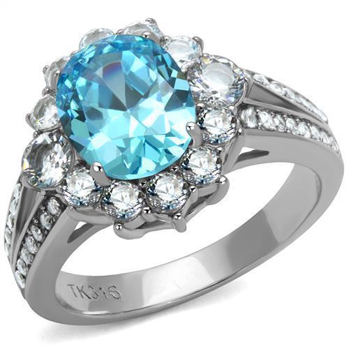 TK2977 - High polished (no plating) Stainless Steel Ring with AAA Grade CZ  in Sea Blue - Joyeria Lady