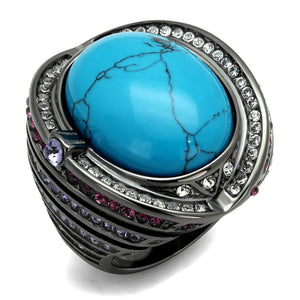 TK2983 - IP Light Black  (IP Gun) Stainless Steel Ring with Synthetic Turquoise in Sea Blue - Joyeria Lady