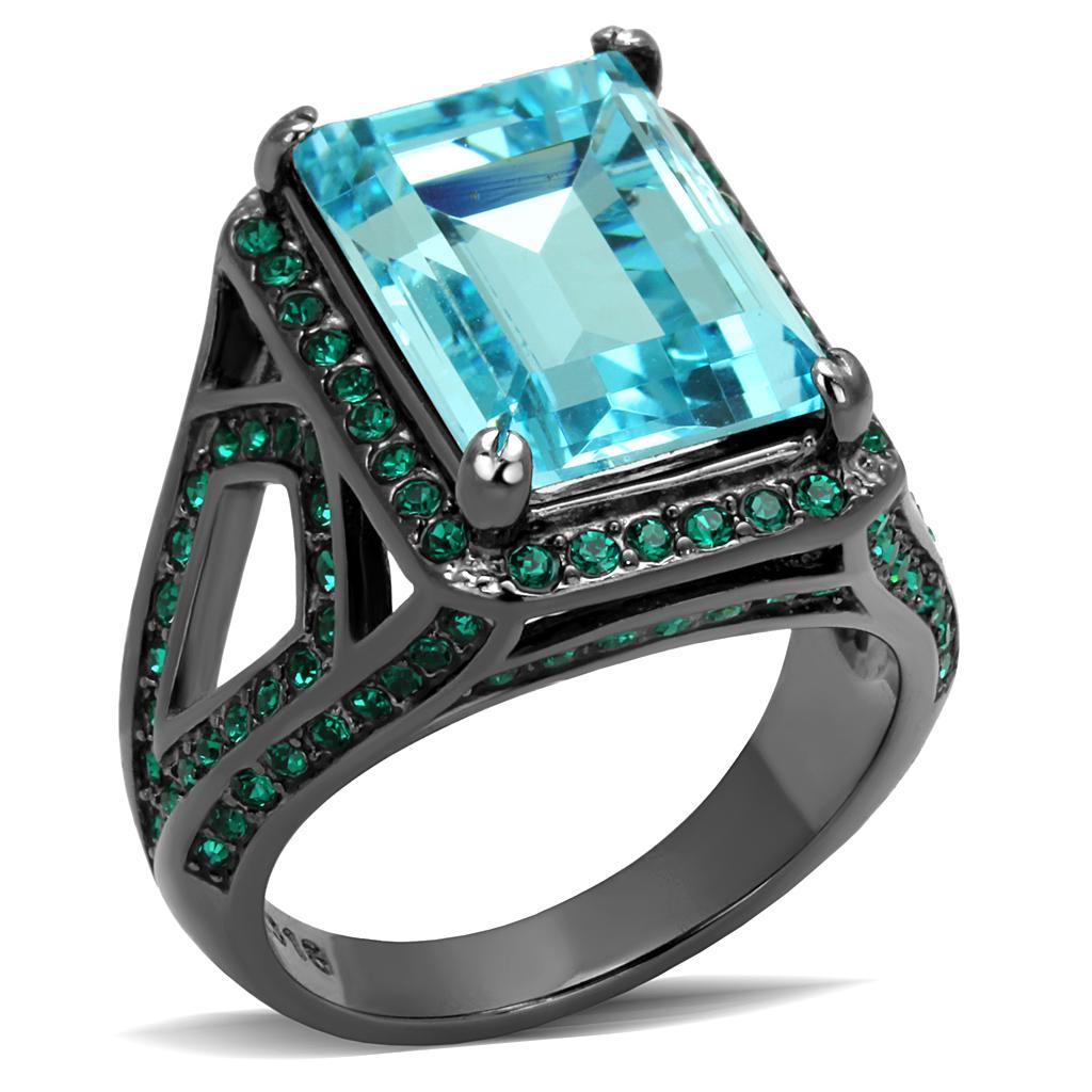 TK2988 - IP Light Black  (IP Gun) Stainless Steel Ring with Top Grade Crystal  in Sea Blue - Joyeria Lady