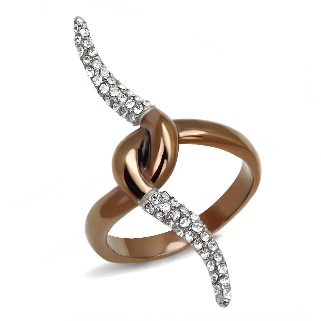 TK2991 - Two Tone IP Light Brown (IP Light coffee) Stainless Steel Ring with Top Grade Crystal  in Clear - Joyeria Lady