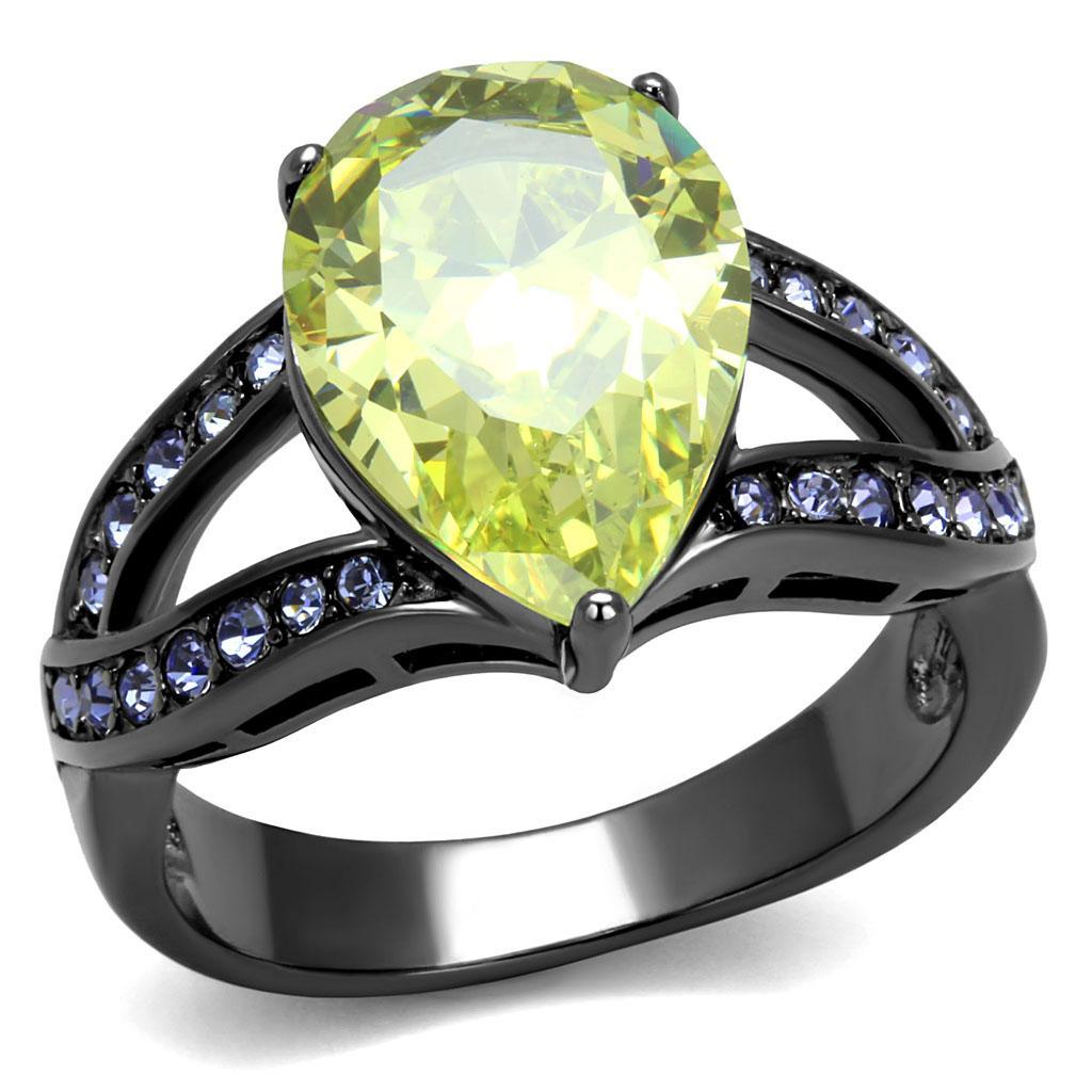 TK2997 - IP Light Black  (IP Gun) Stainless Steel Ring with AAA Grade CZ  in Apple Green color - Joyeria Lady